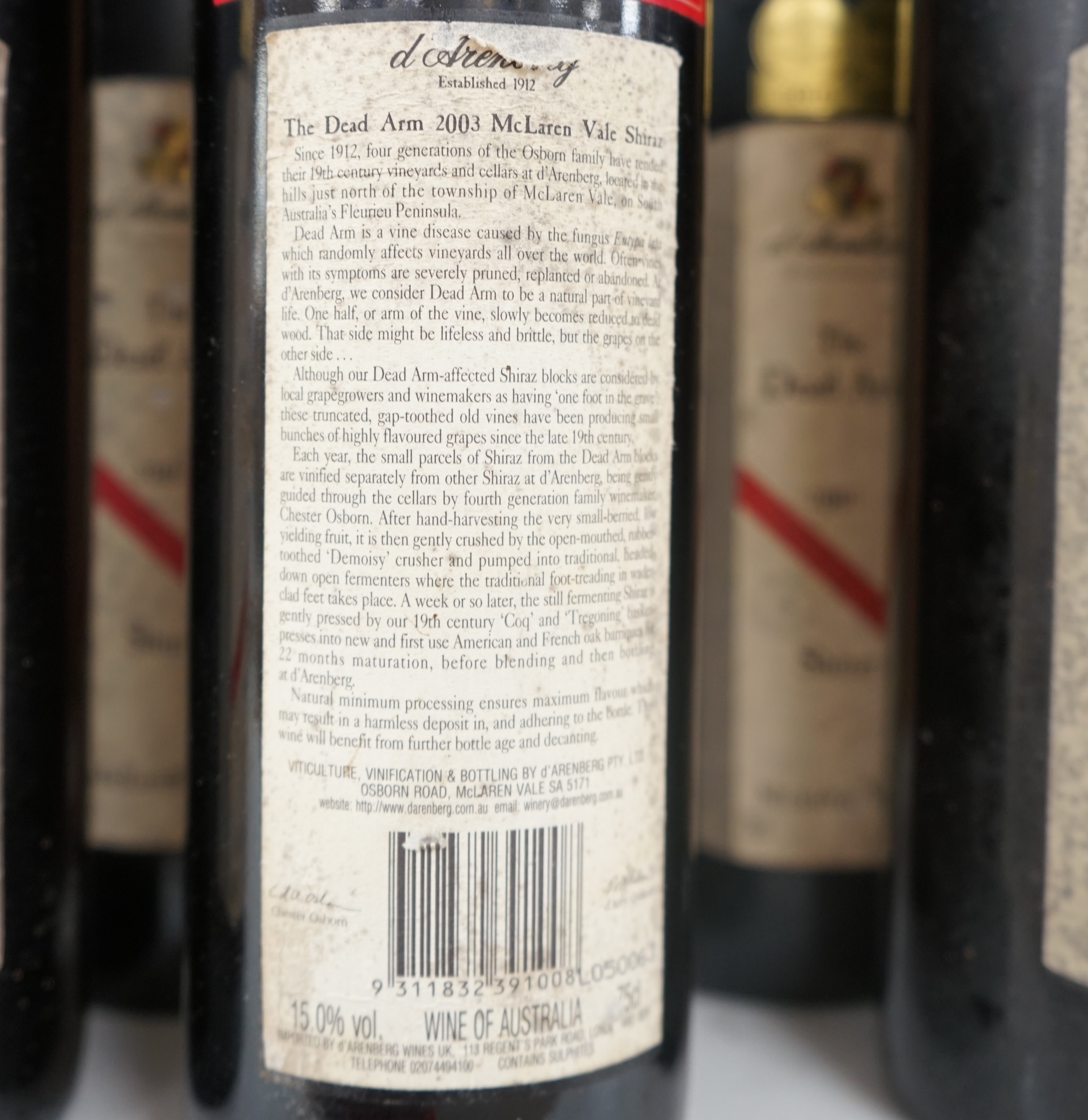 Twelve bottles of d’Arenberg McLaren Vale The Dead Arm Shiraz, for the years. 2000; 2001 (2); 2002 (2); 2003 (3); 2004 (2) and 2005 (2). Condition - fair to good, storage history unknown